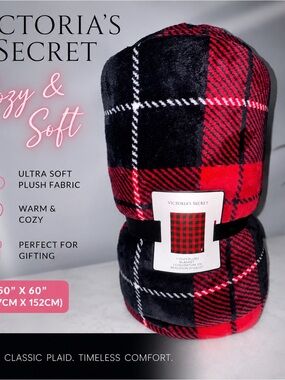 PINK Victoria's Secret Red and Black Plaid Plush Throw Blanket NWT